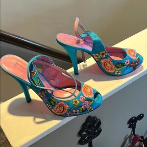 Betsey Johnson Floral Embroidered Peep-Toe Heels - Blue and Pink
